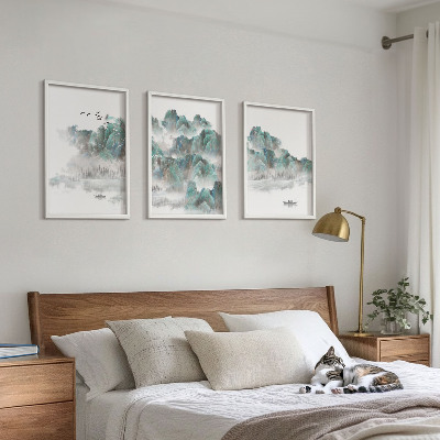 Lot de 3 tableaux pour salon Montagnes, nuages, oiseaux, bateau, japondi