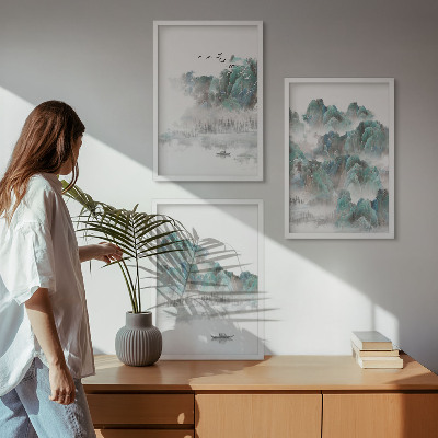Lot de 3 tableaux pour salon Montagnes, nuages, oiseaux, bateau, japondi