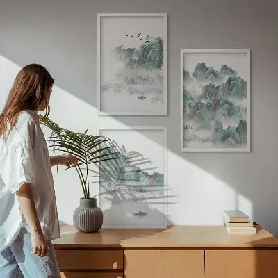Lot de 3 tableaux pour salon motif montagnes nuages oiseaux et bateau style japondi