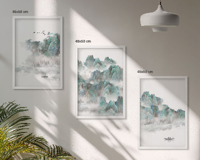 Lot de 3 tableaux pour salon Montagnes, nuages, oiseaux, bateau, japondi
