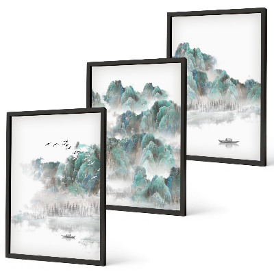 Lot de 3 tableaux pour salon Montagnes, nuages, oiseaux, bateau, japondi