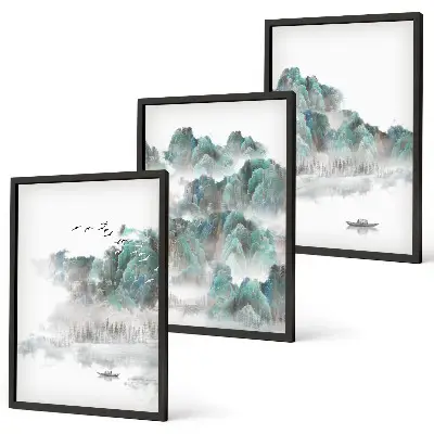 Lot de 3 tableaux pour salon motif montagnes nuages oiseaux et bateau style japondi