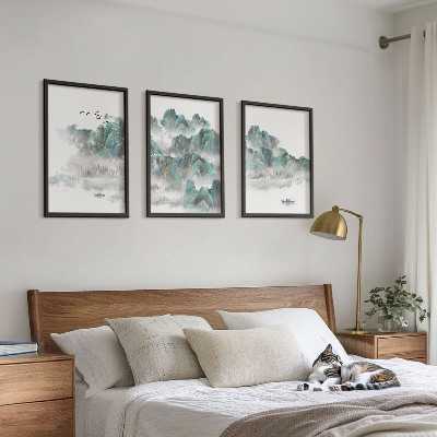 Lot de 3 tableaux pour salon Montagnes, nuages, oiseaux, bateau, japondi