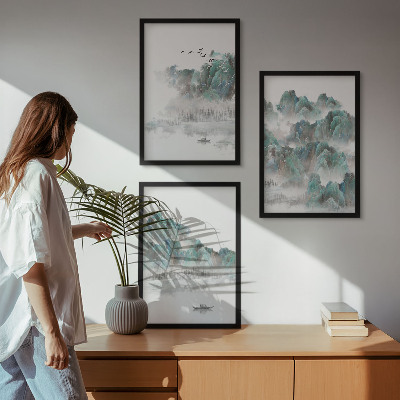 Lot de 3 tableaux pour salon Montagnes, nuages, oiseaux, bateau, japondi