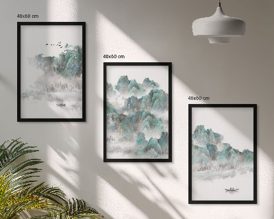Lot de 3 tableaux pour salon Montagnes, nuages, oiseaux, bateau, japondi