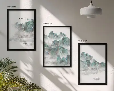 Lot de 3 tableaux pour salon motif montagnes nuages oiseaux et bateau style japondi