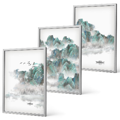 Lot de 3 tableaux pour salon Montagnes, nuages, oiseaux, bateau, japondi