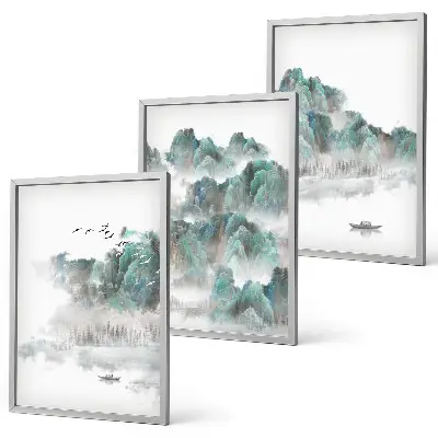 Lot de 3 tableaux pour salon motif montagnes nuages oiseaux et bateau style japondi