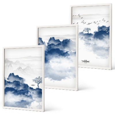 Cadre photo mural Montagnes, nuages, arbres, oiseaux