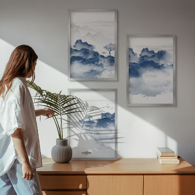 Cadre photo mural Montagnes, nuages, arbres, oiseaux