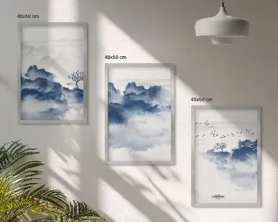 Cadre photo mural avec un paysage de montagnes, nuages, arbres et oiseaux
