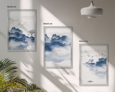 Cadre photo mural Montagnes, nuages, arbres, oiseaux