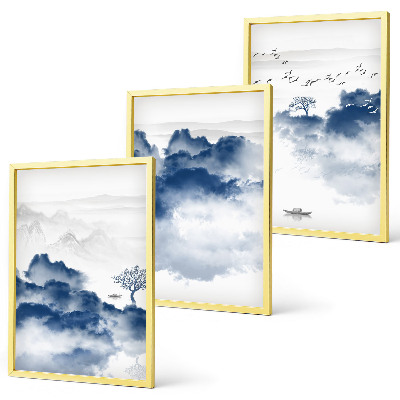 Cadre photo mural Montagnes, nuages, arbres, oiseaux