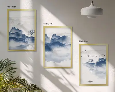 Cadre photo mural avec un paysage de montagnes, nuages, arbres et oiseaux