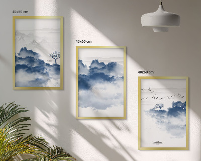 Cadre photo mural Montagnes, nuages, arbres, oiseaux