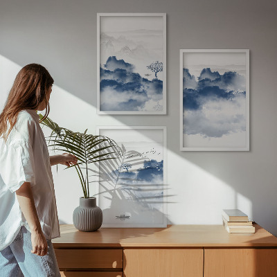 Cadre photo mural Montagnes, nuages, arbres, oiseaux
