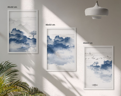 Cadre photo mural Montagnes, nuages, arbres, oiseaux