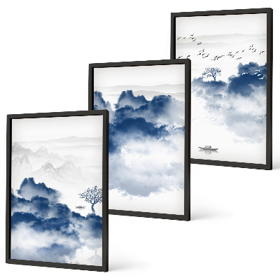 Cadre photo mural Montagnes, nuages, arbres, oiseaux