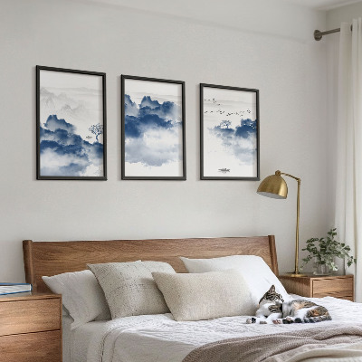 Cadre photo mural Montagnes, nuages, arbres, oiseaux