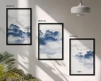 Cadre photo mural avec un paysage de montagnes, nuages, arbres et oiseaux
