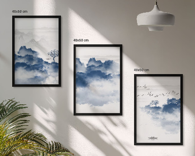 Cadre photo mural Montagnes, nuages, arbres, oiseaux