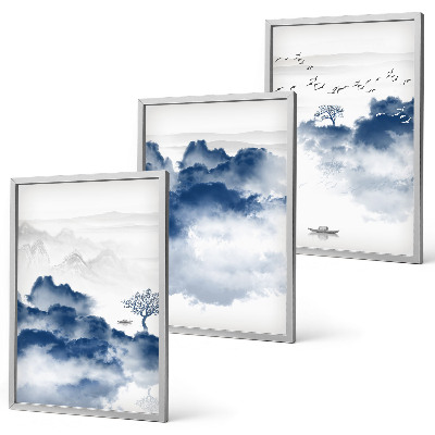Cadre photo mural Montagnes, nuages, arbres, oiseaux