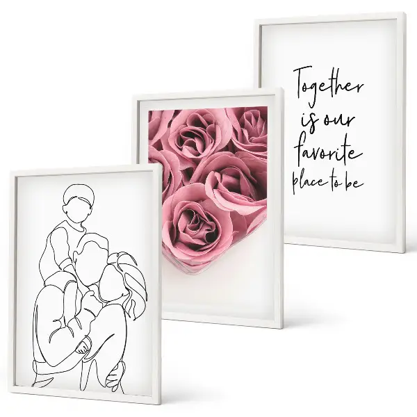 Cadre photo mural dessin au trait de bouquets de roses familiaux