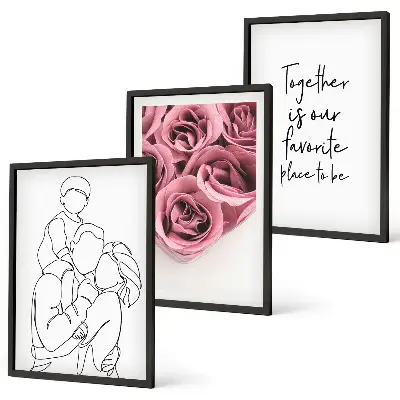 Cadre photo mural dessin au trait de bouquets de roses familiaux