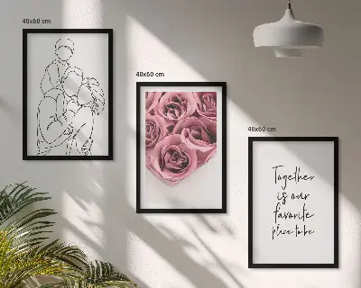 Cadre photo mural dessin au trait de bouquets de roses familiaux