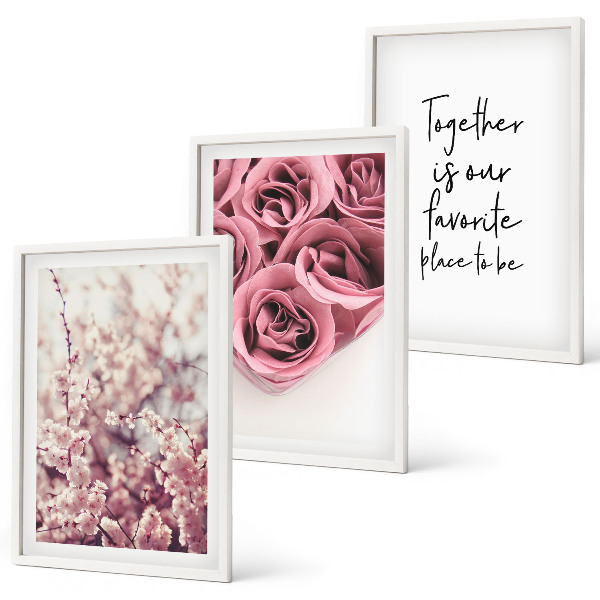 Lot de 3 tableaux pour salon Bouquets de roses avec inscription