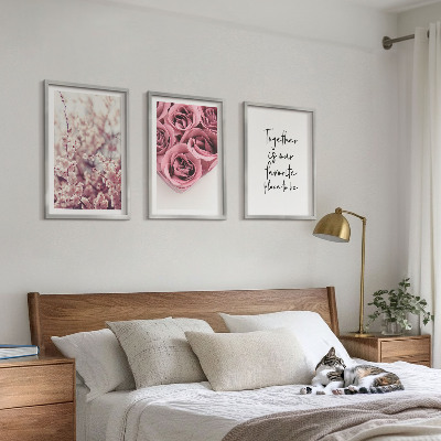 Lot de 3 tableaux pour salon Bouquets de roses avec inscription