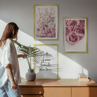 Lot de 3 tableaux pour salon Bouquets de roses avec inscription