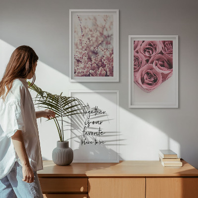 Lot de 3 tableaux pour salon Bouquets de roses avec inscription