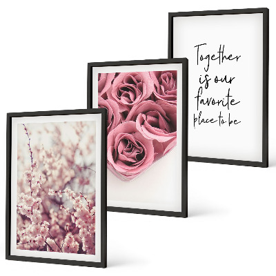 Lot de 3 tableaux pour salon Bouquets de roses avec inscription