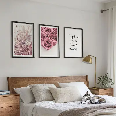 Lot de 3 tableaux pour salon avec motifs de bouquets de roses et inscriptions