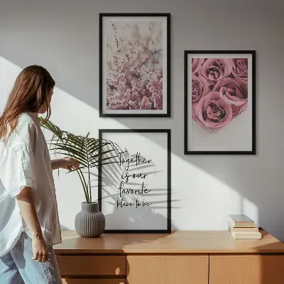 Lot de 3 tableaux pour salon avec motifs de bouquets de roses et inscriptions