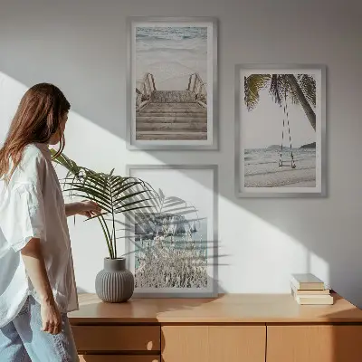 Lot de 3 tableaux pour salon représentant une balançoire sur un escalier en bois de plage