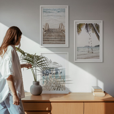 Lot de 3 tableaux pour salon Balançoire sur escalier en bois de plage