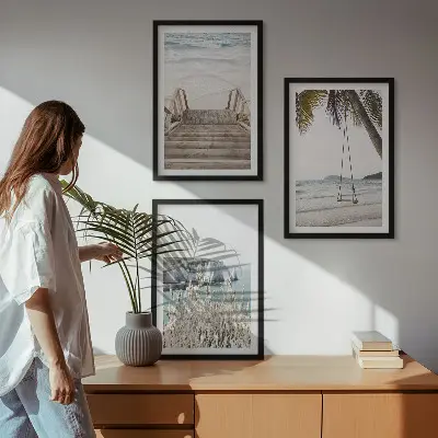Lot de 3 tableaux pour salon représentant une balançoire sur un escalier en bois de plage
