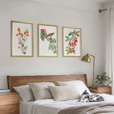 Lot de 3 tableaux pour salon Des fleurs peintes et un oiseau