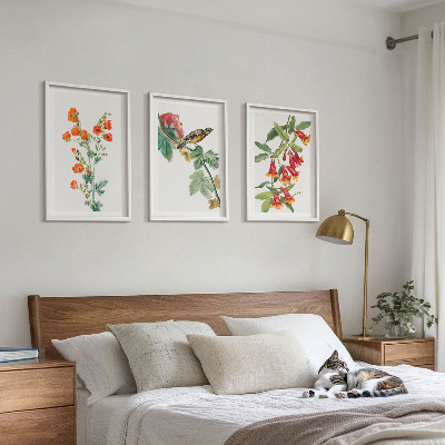 Lot de 3 tableaux pour salon Des fleurs peintes et un oiseau
