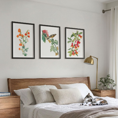 Lot de 3 tableaux pour salon Des fleurs peintes et un oiseau