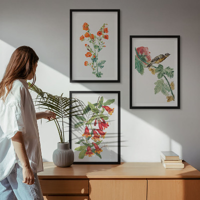 Lot de 3 tableaux pour salon Des fleurs peintes et un oiseau