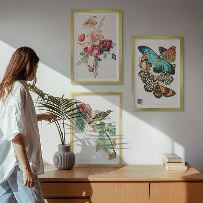 Cadre photo mural Fleurs, papillons, oiseaux, pastel