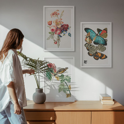 Cadre photo mural Fleurs, papillons, oiseaux, pastel