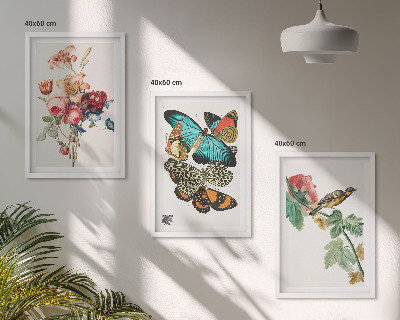 Cadre photo mural Fleurs, papillons, oiseaux, pastel