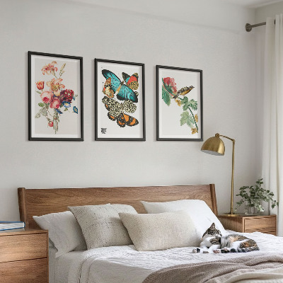 Cadre photo mural Fleurs, papillons, oiseaux, pastel