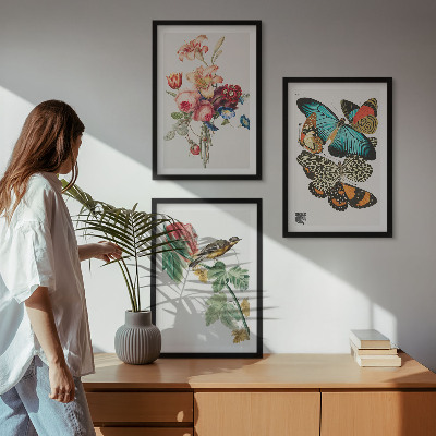 Cadre photo mural Fleurs, papillons, oiseaux, pastel