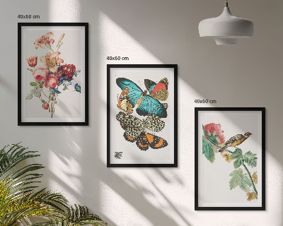 Cadre photo mural Fleurs, papillons, oiseaux, pastel