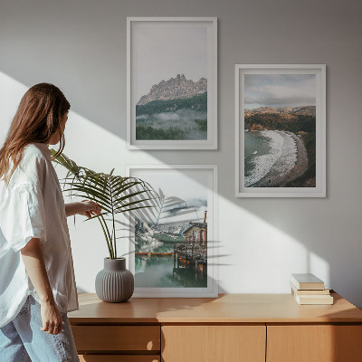 Lot de 3 tableaux pour salon Maison en bois sur les plages de montagne